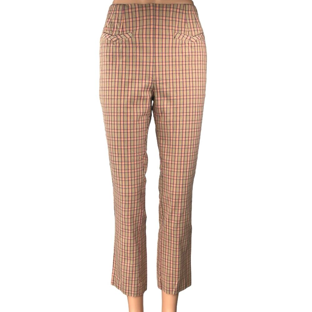 Anthropologie Essential Slim Tan Pink Plaid Checkered High Waist Trouser Pants 6